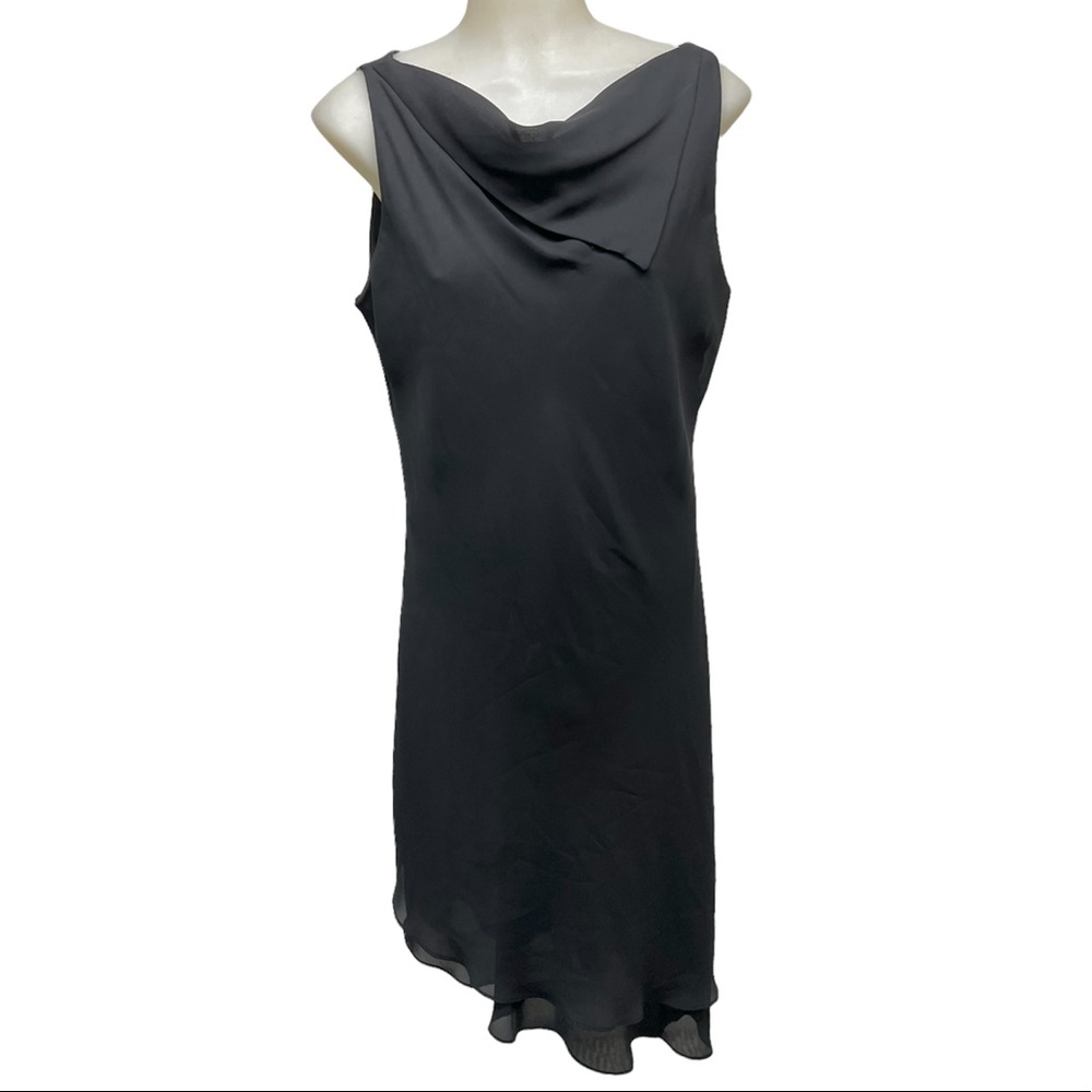 VIRGO Dress Sheer Black Sleeveless Cow Gathering Deep V Neck draped deta…